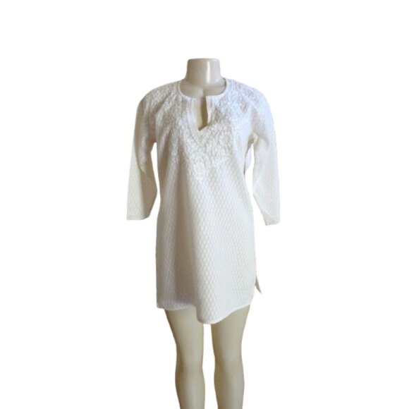 NWT, Amaya Melanie Embroidered Tunic Top Size M Cream Silk 3/4 Sleeves - Picture 2 of 8